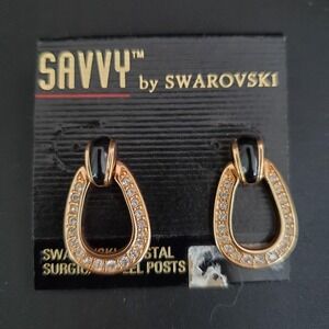 Vintage Savvy by Swarovski Gold Plated Earrings Black Enamel and Crystals Signed